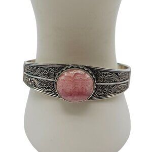 Sterling Silver 925 Cuff Bracelet With Pink Rhodochrosite Stone Filigree Design